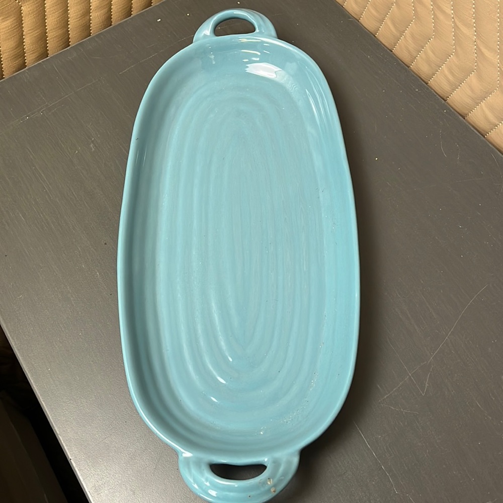 Threshold stone ware teal blue long oval serving platter tray